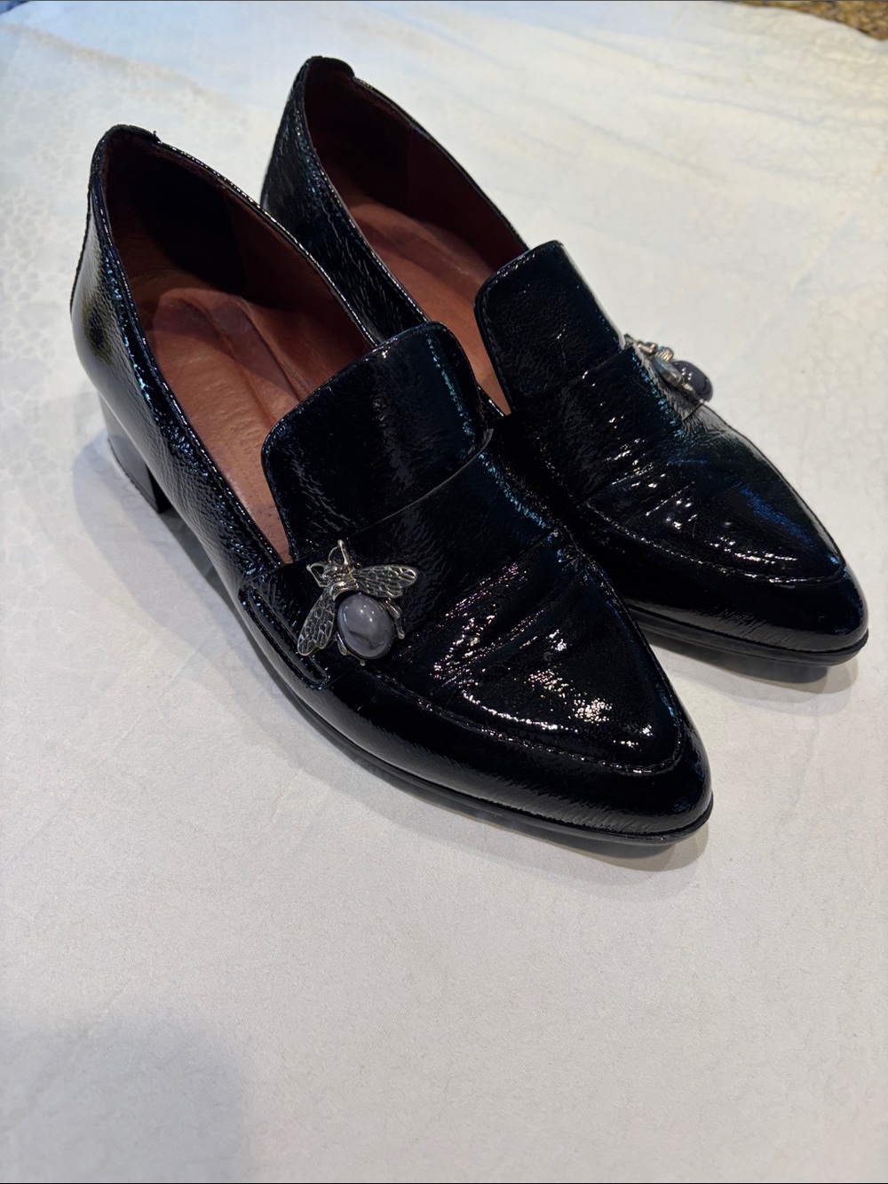 Black Patent Leather Pointed Loafers with Bee Accent by Hispanita